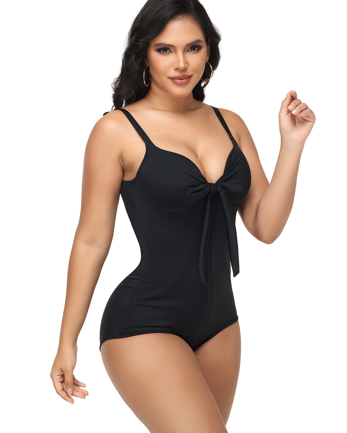 Shapshe® Shaping V Neck Swimsuit with Zipper and Bow  - By Qivii