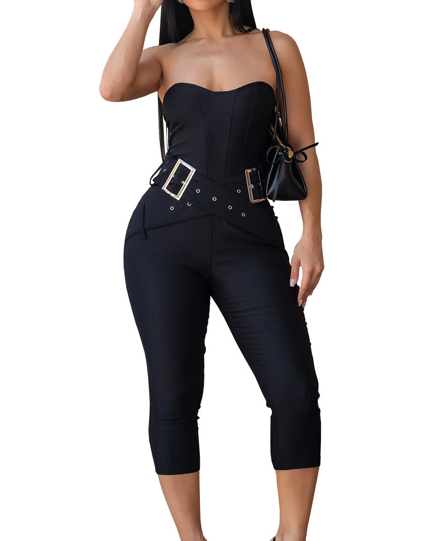 Sweetheart Strapless Capri Jumpsuit with Belt  - By Qivii