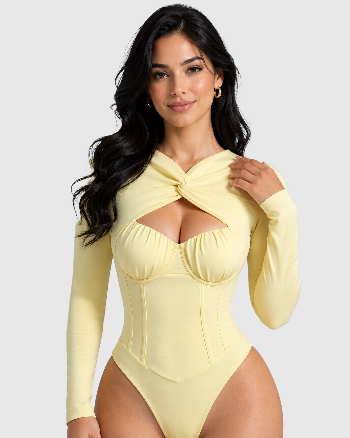 Sexy Twist Cutout Bustier Long Sleeve High Cut Bodysuit  - By Qivii