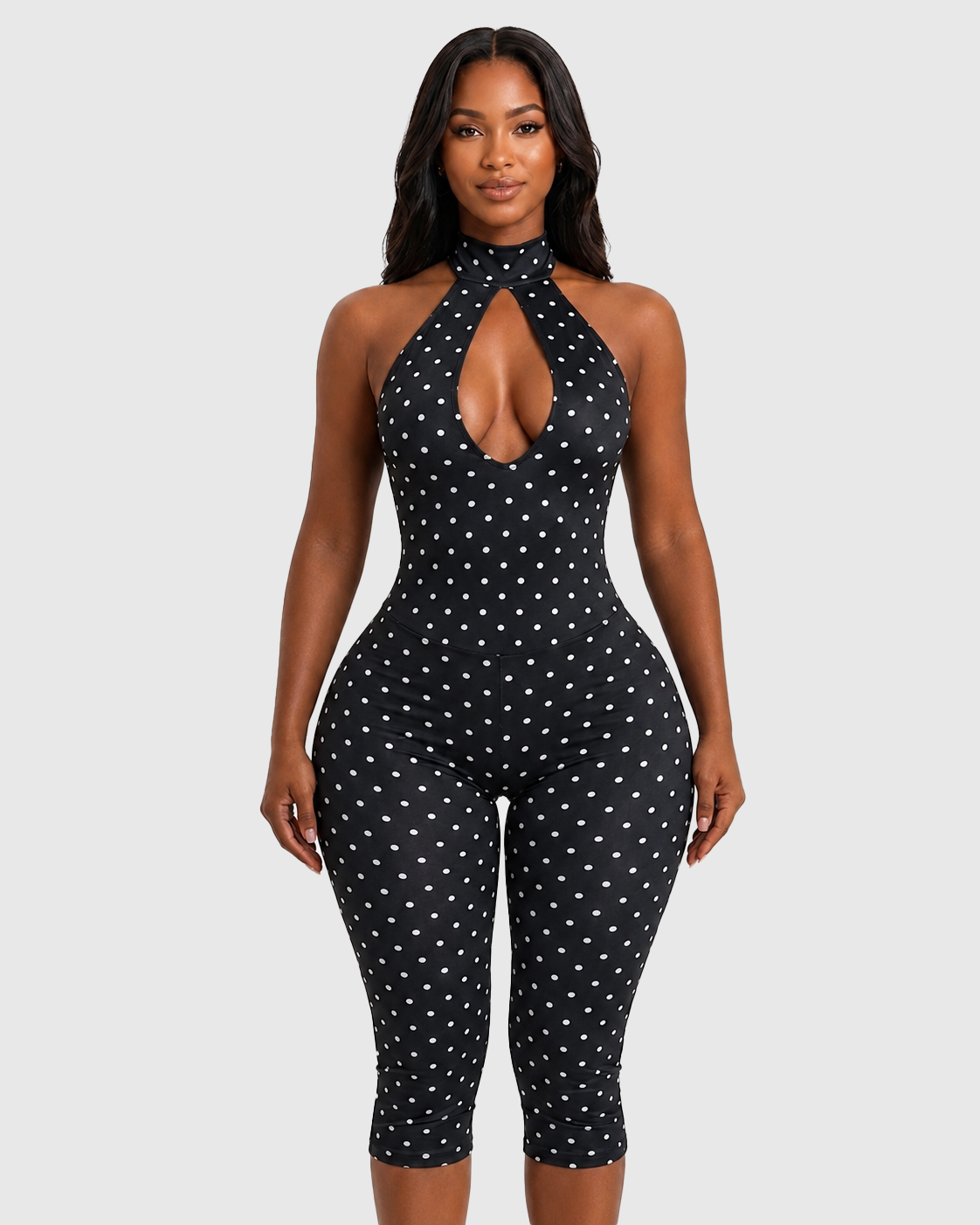 Polka Dot Halter Cutout Backless Capri Jumpsuit  - By Qivii