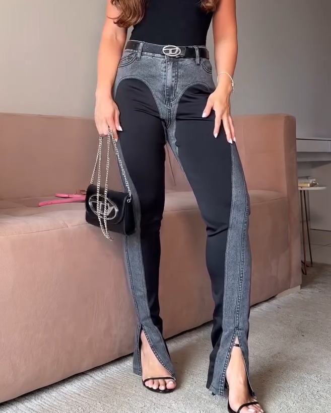 High Waist Contrast Color Skinny Jeans with Front Slit  - By Qivii