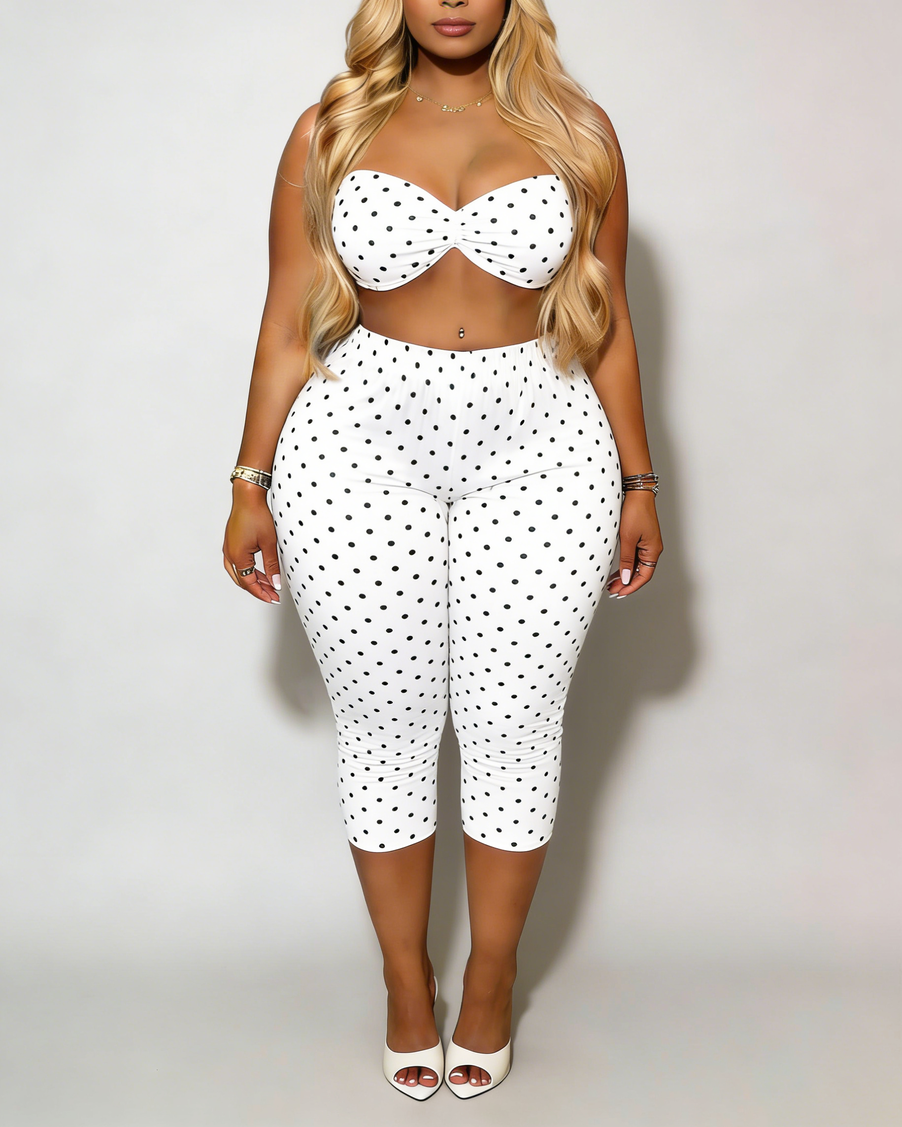 Polka Dot Print Sexy Hip-Lifting Capri Pants Set  - By Qivii