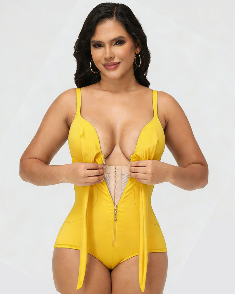 Shapshe® Shaping V Neck Swimsuit with Zipper and Bow  - By Qivii