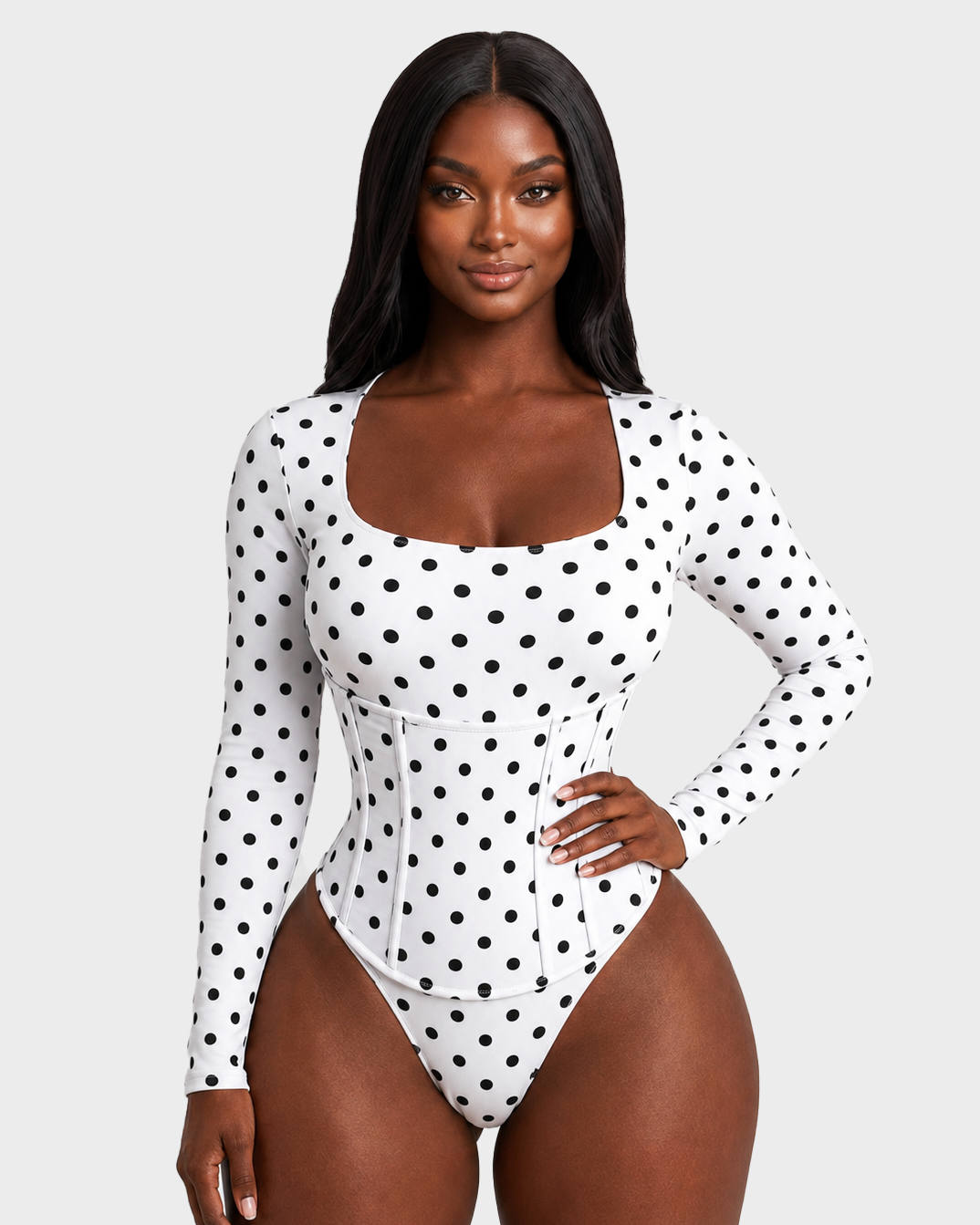 Polka Dot Square Neck Long Sleeve Bodysuit Detachable Corset Two Piece Set