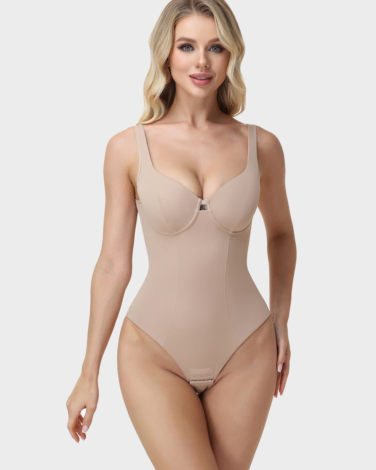 U Neck Wide Strap Lace Panel Thong Bodysuit Seamless Tummy Control Butt Lifting Shaper