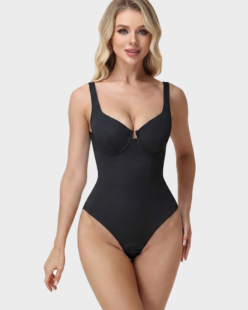 U Neck Wide Strap Lace Panel Thong Bodysuit Seamless Tummy Control Butt Lifting Shaper
