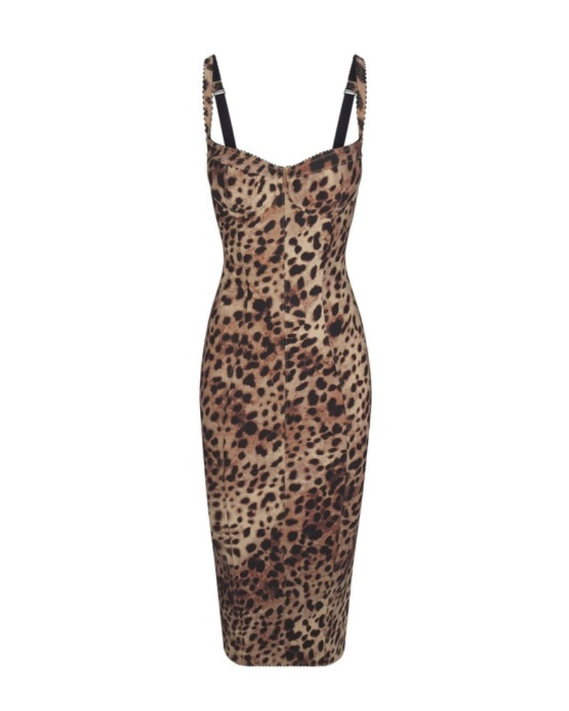 Women's Leopard Mesh-lined Underwire Cup Stretch Bodycon Midi Dress  - By Qivii