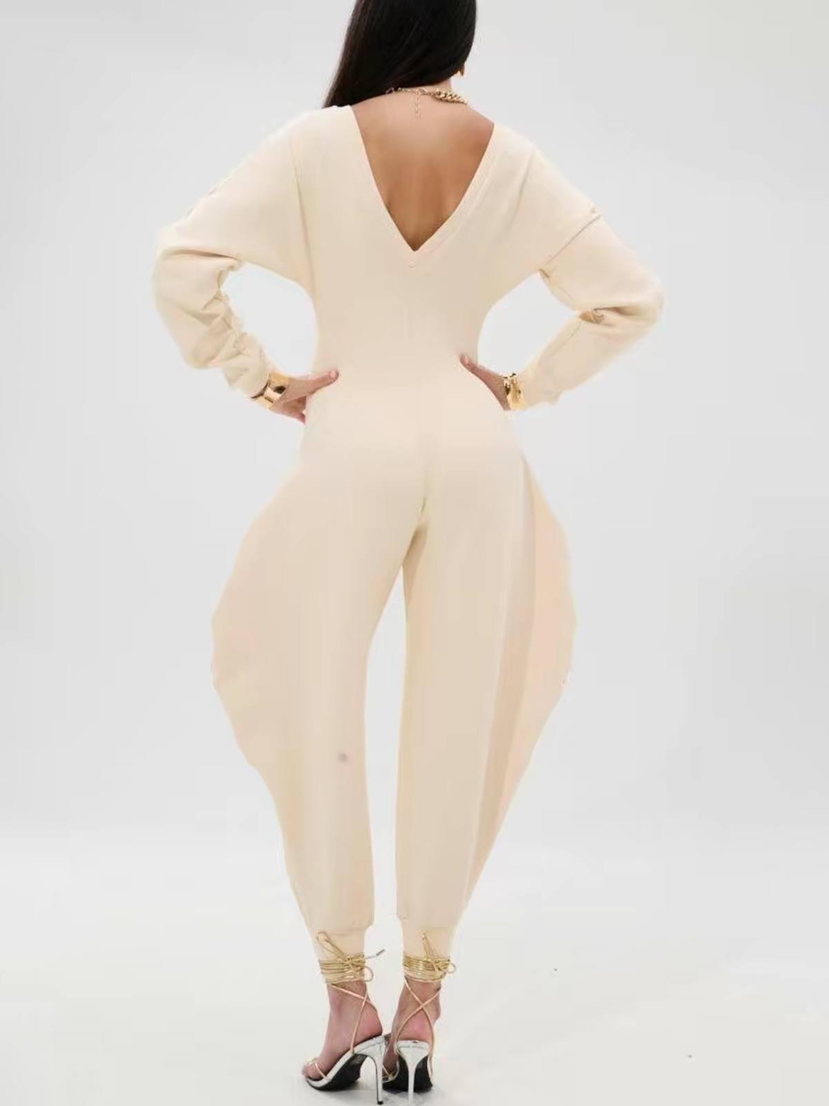 Cozy V Neck Baggy Long Sleeve Jumpsuit  - By Qivii