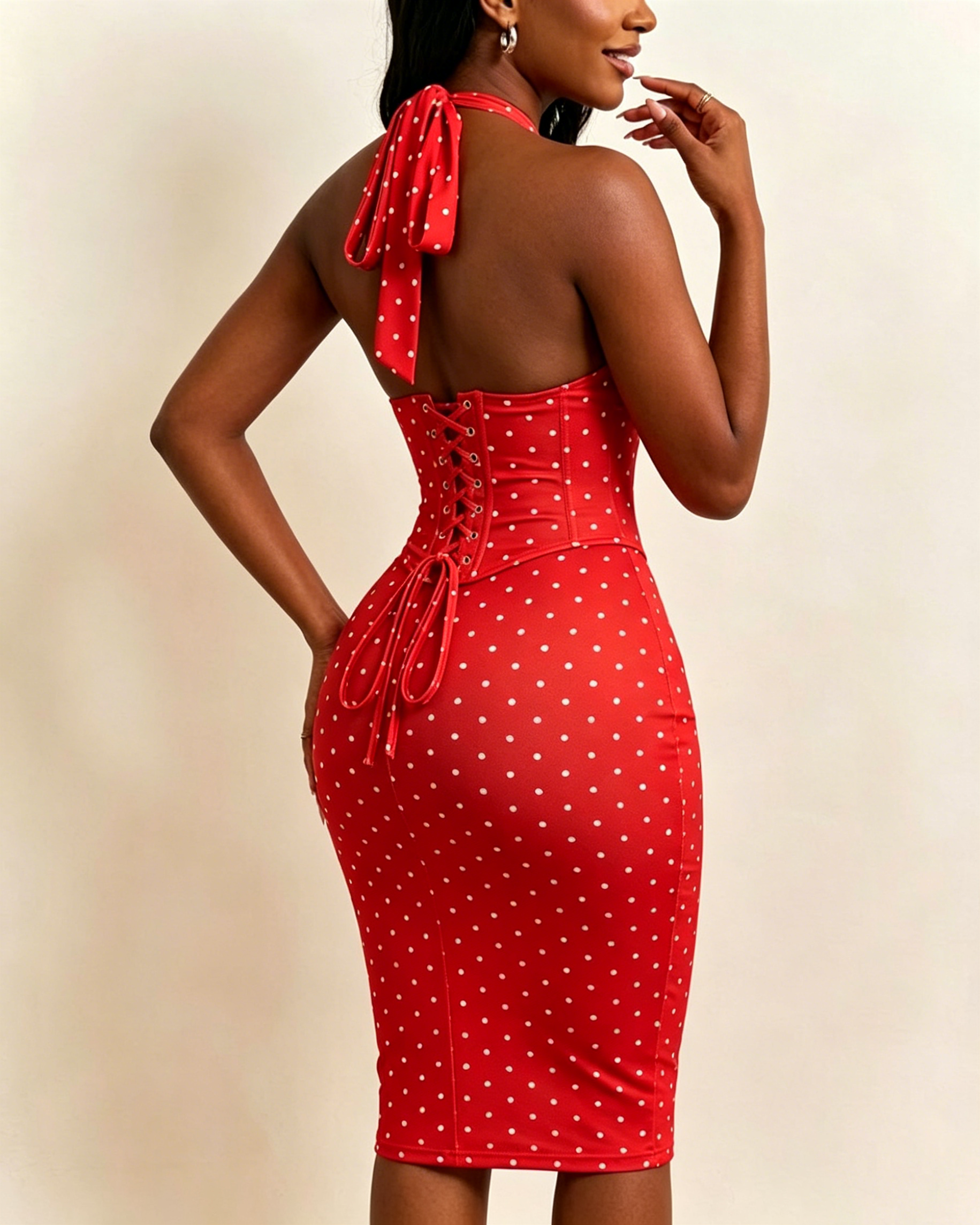 Polka Dot Corset Halter Midi Dress with Lace-Up Back  - By Qivii