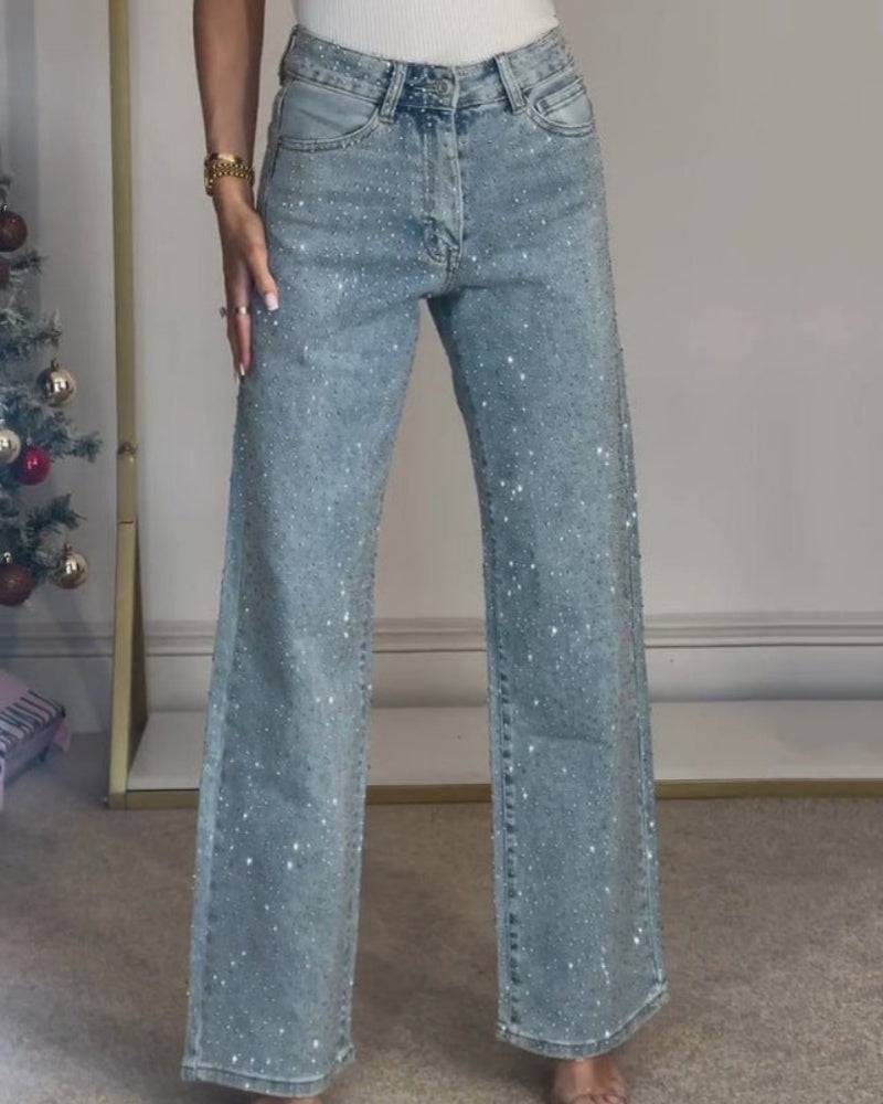 Women's Fashion Rhinestone Embellished Straight Leg Denim Jeans  - By Qivii