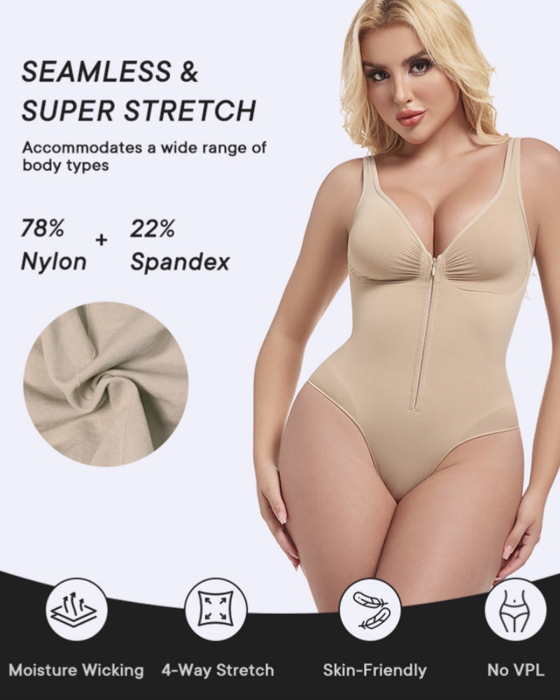 Deep V Seamless Backless Triangle Shapewear Bodysuit with Front Zipper  - By Qivii