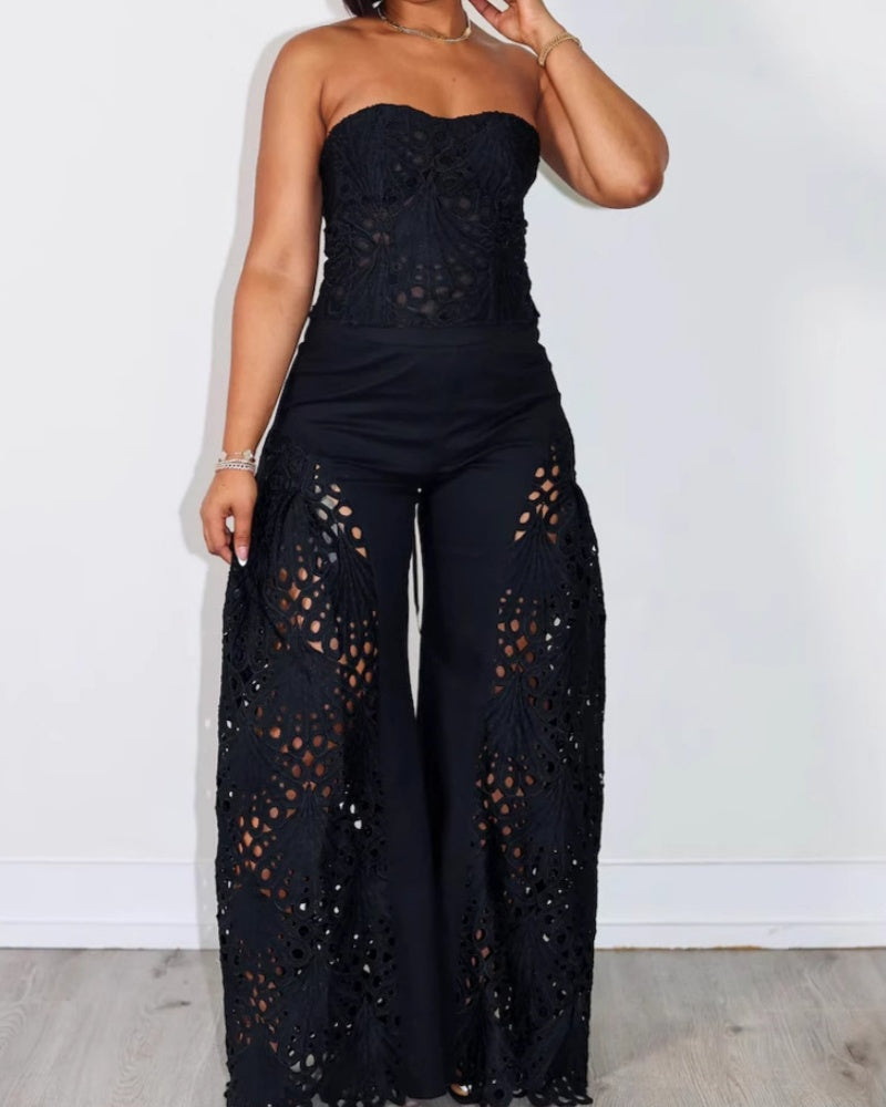 Elegant Strapless Floral Eyelet Cutout Top & Wide Leg Pants Set  - By Qivii