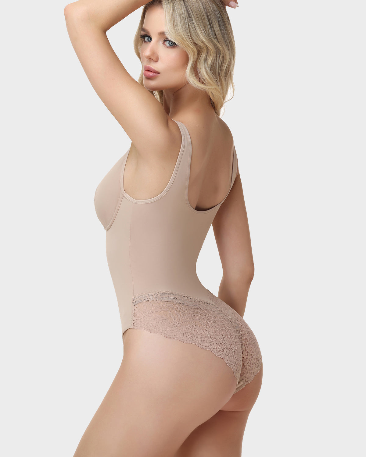 U Neck Wide Strap Lace Panel Thong Bodysuit Seamless Tummy Control Butt Lifting Shaper
