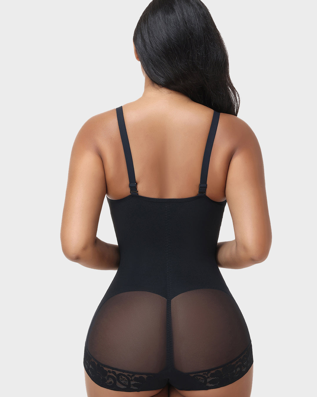 V Neck Adjustable Strap Lace Trim Tummy Control Butt Lifting Bodysuit