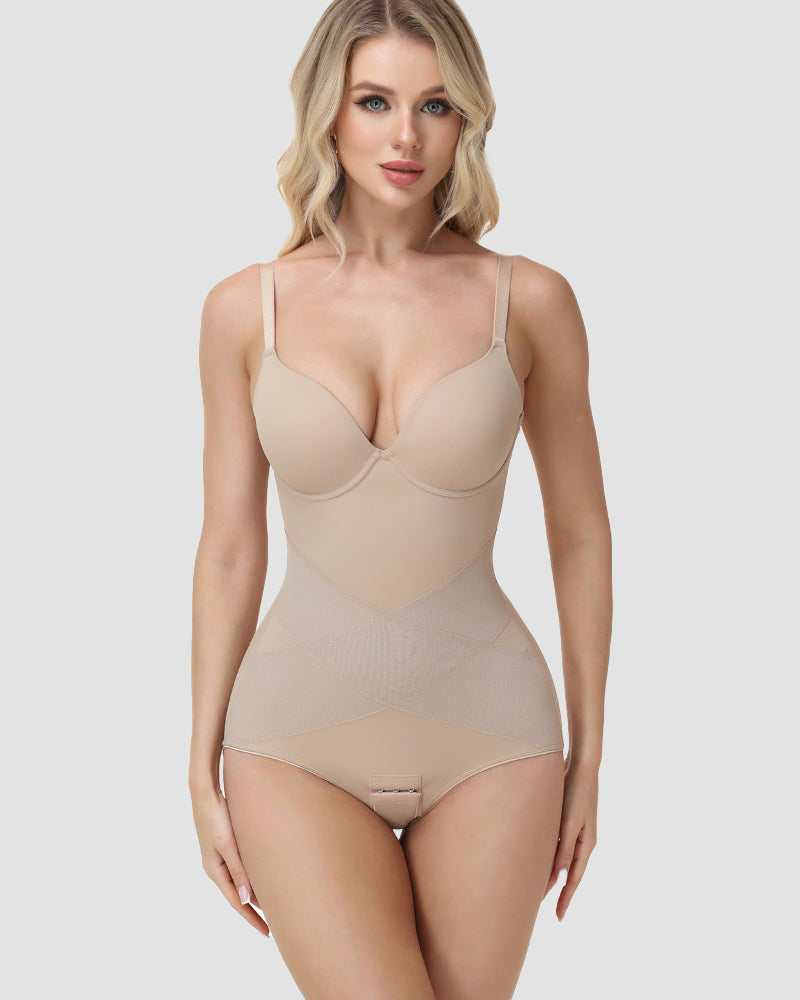 Adjustable Strap Cross Mesh Tummy Control Bodysuit Butt Lifting Shaper