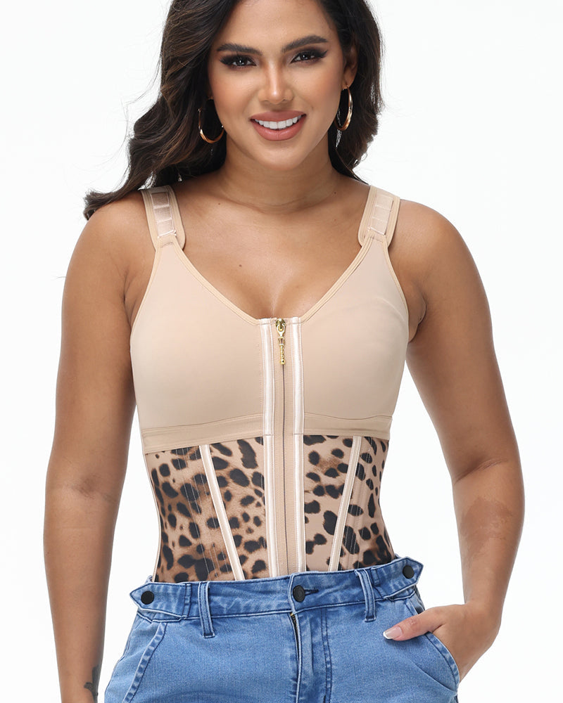 Women's Leopard Print Vest Tummy Control Waist Trainer With Bra  - By Qivii