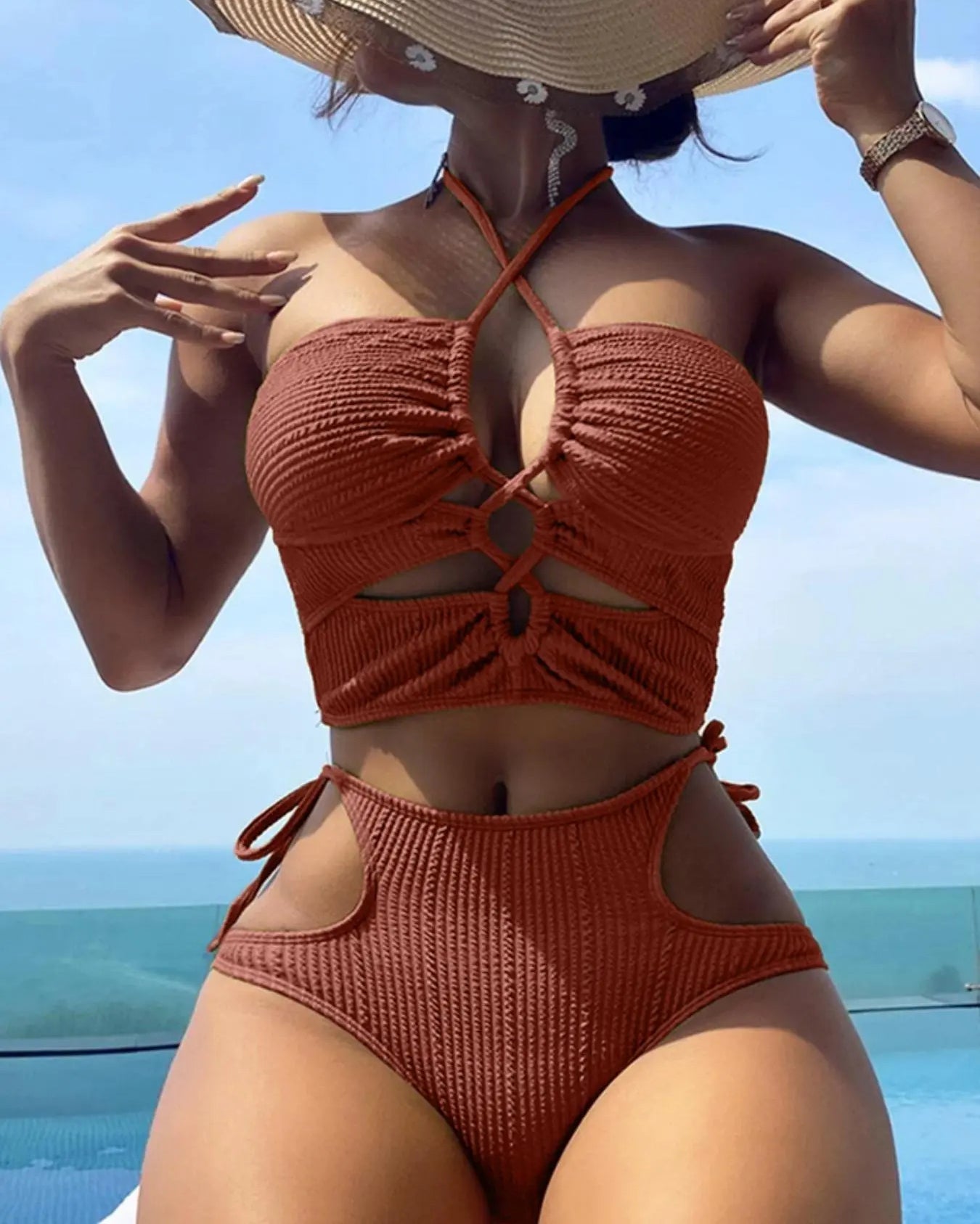 Crisscross Halter Cutout High Waist Side Tie Two Piece Bikini  - By Qivii
