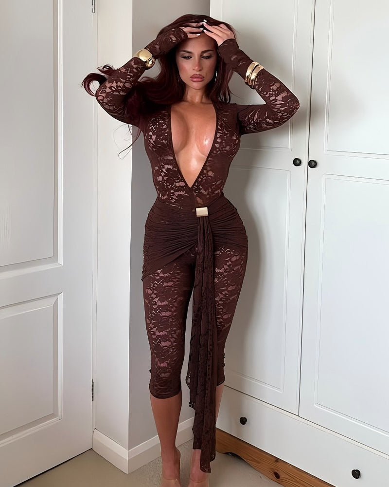 Deep V Lace Sheer Long Sleeve Capri Jumpsuit with Waist Drape Detail  - By Qivii
