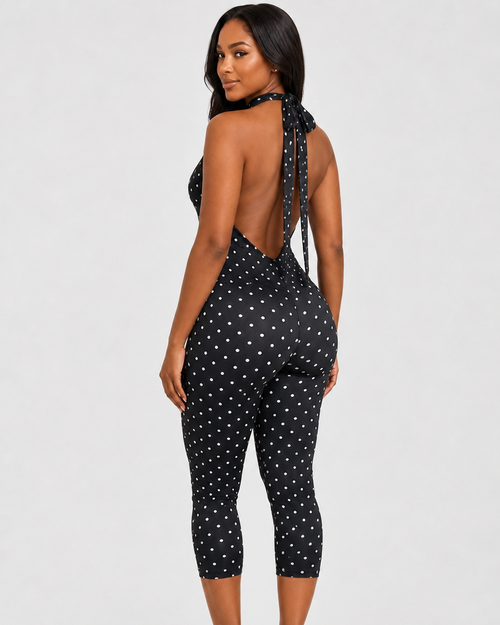 Polka Dot Halter Cutout Backless Capri Jumpsuit  - By Qivii