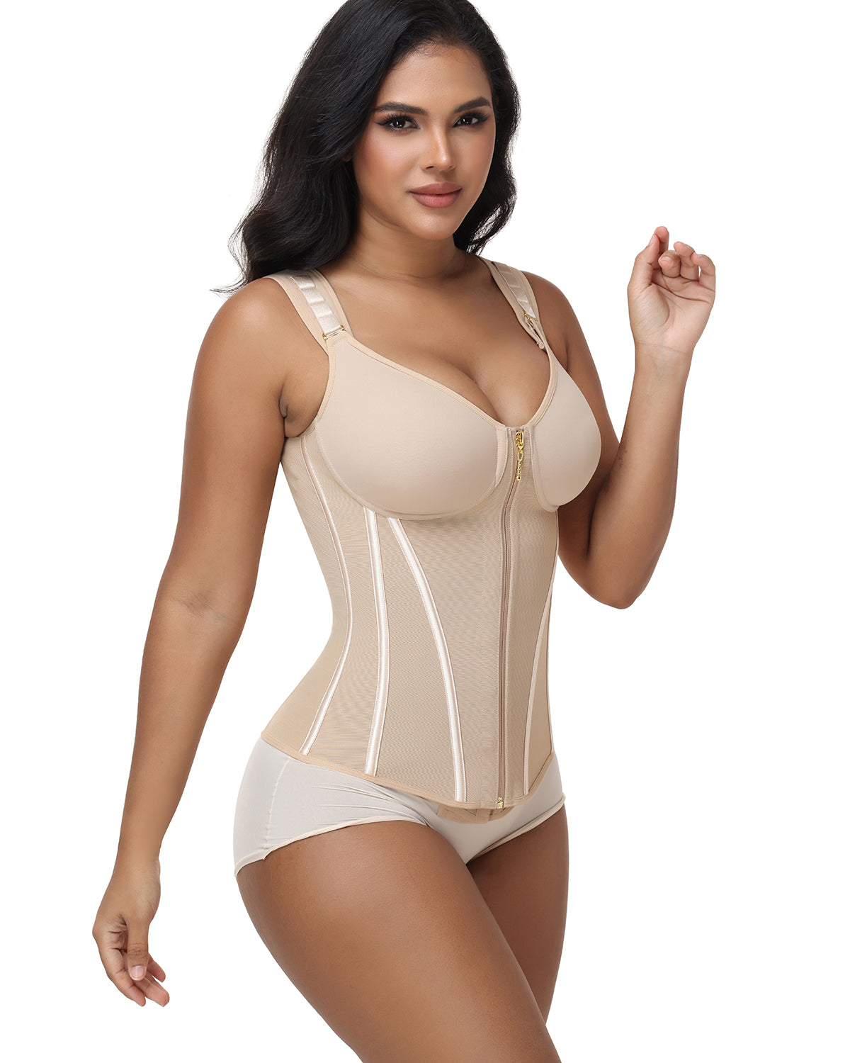 V Neck Underwire Cup Wide Adjustable Strap Zipper Waist Trainer Shaping Vest