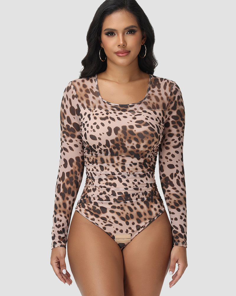 Shapshe® Leopard Print Ruched Tummy Control Thong Bodysuit  - By Qivii