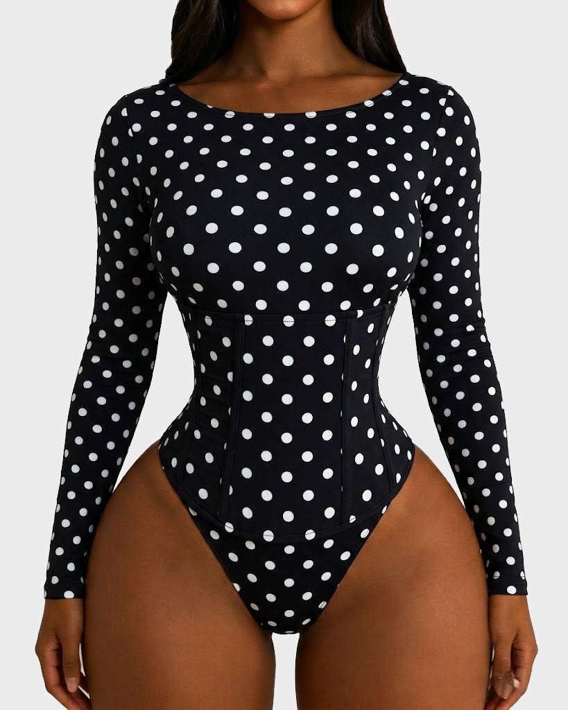 Polka Dot Scoop Neck Long Sleeve Bodysuit Detachable Corset Two Piece Set (Pre-sale)  - By Qivii