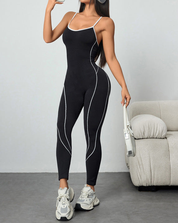 Seamless Athletic Jumpsuit Cross-Strap Color-Block Full-Length Bodysuit  - By Qivii