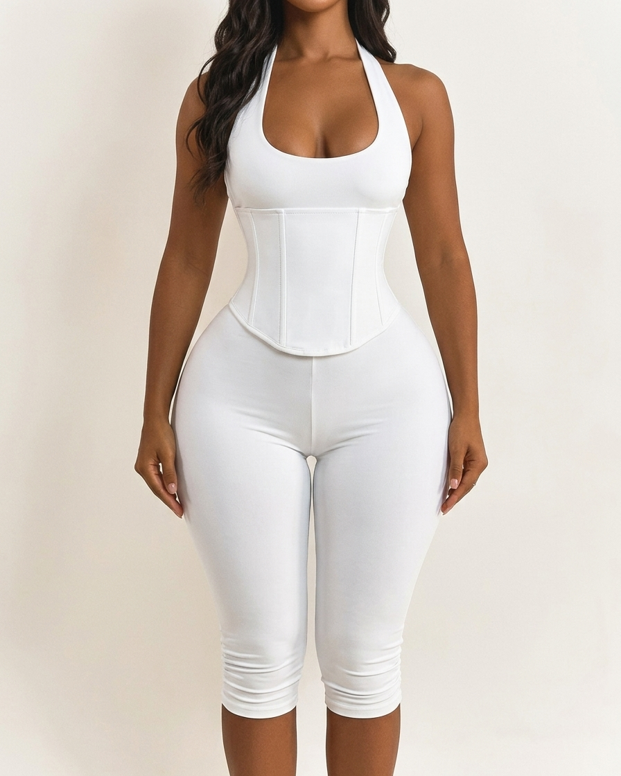 Hourglass Figure The Corset Body Shaper Waist Cincher Capri Jumpsuit Two-Piece Set  - By Qivii