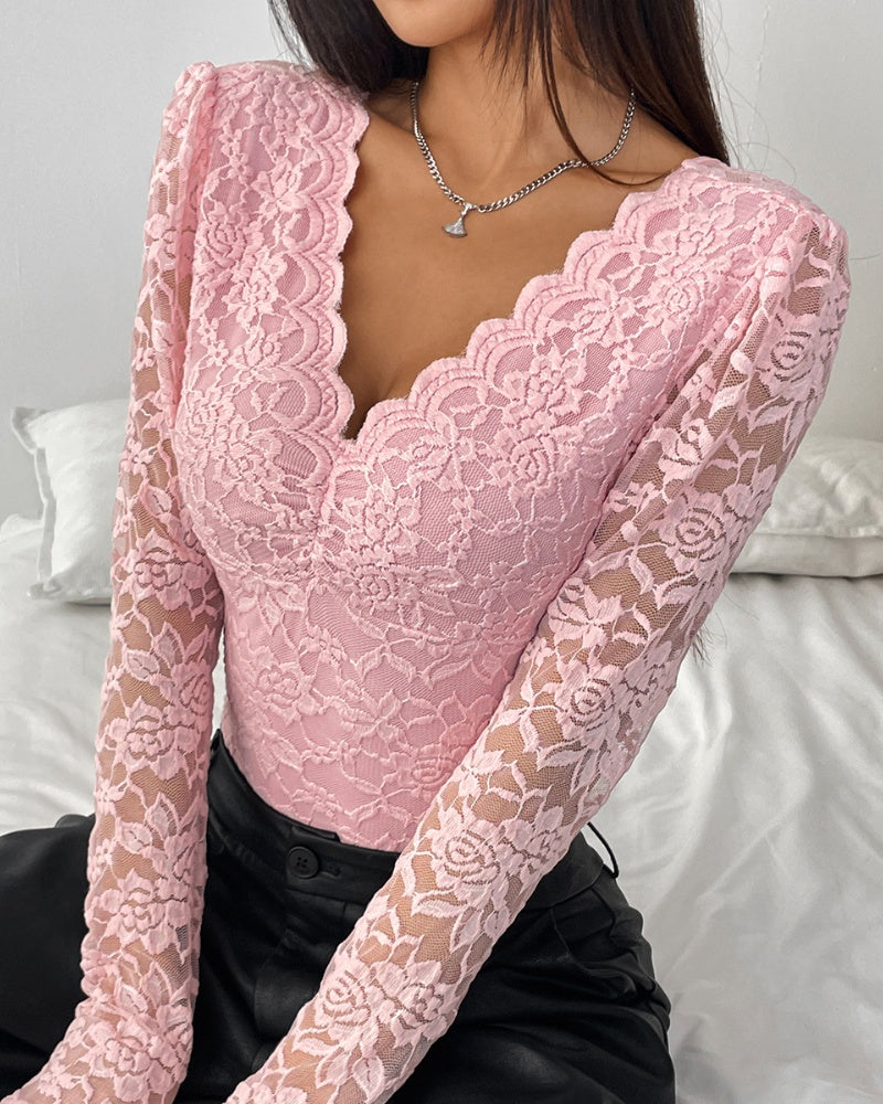 Floral Lace Sheer Long Sleeve Bodysuit V Neck Slim Fit Thong Body Shaper  - By Qivii