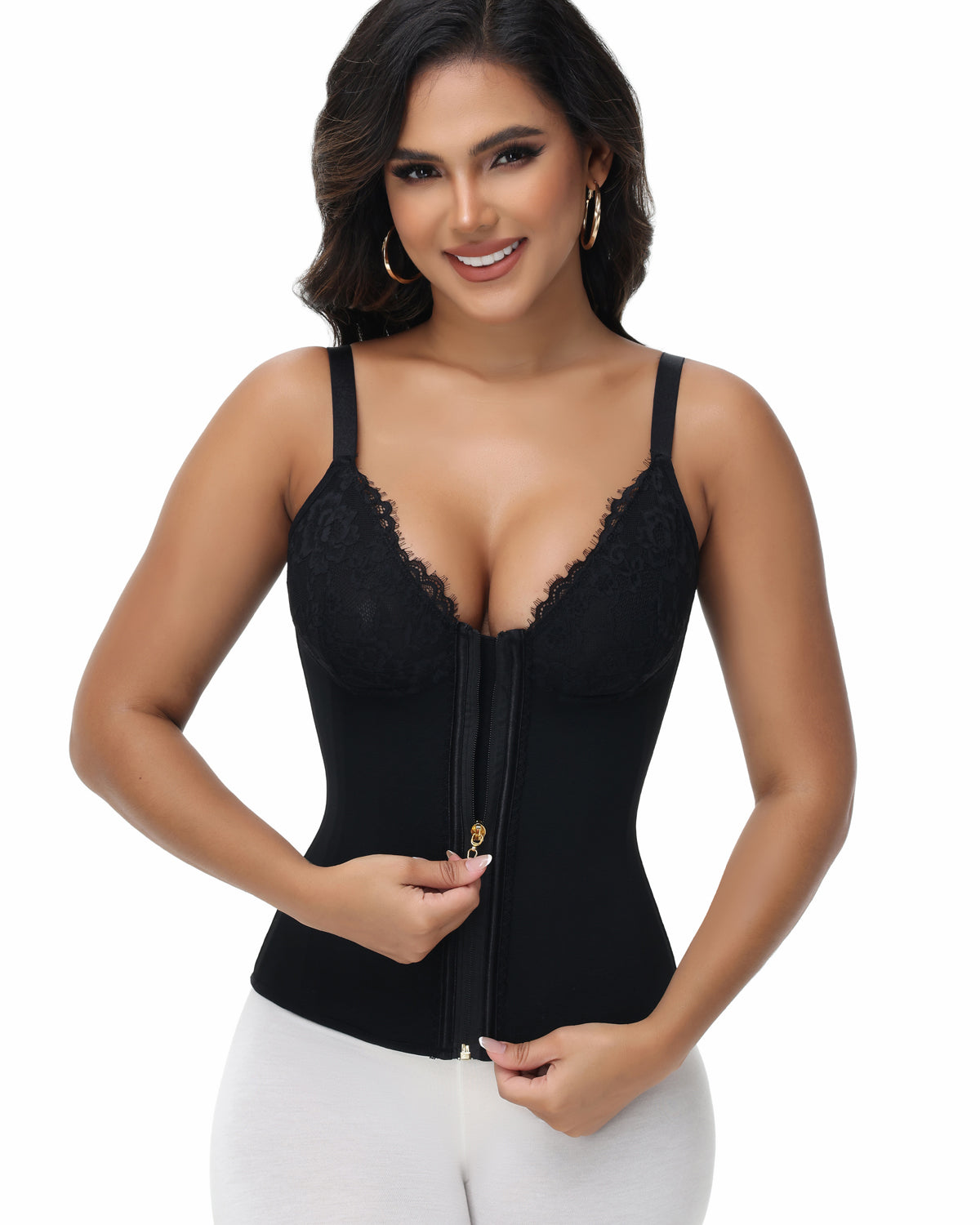 Shapshe® Deep V Lace Corset Top Trimmed Waist Trainer with Front Zipper  - By Qivii