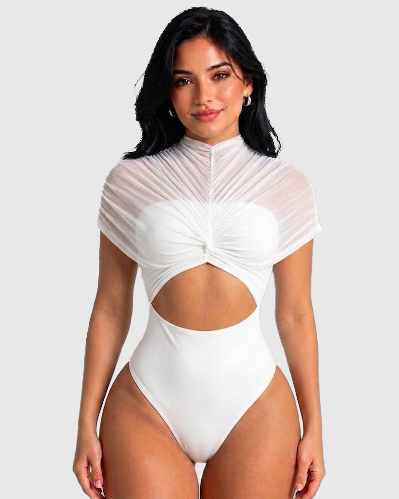 Sheer Mesh High Neck Twist Front Cutout Bodysuit  - By Qivii