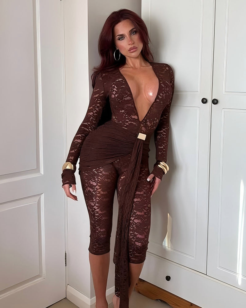 Deep V Lace Sheer Long Sleeve Capri Jumpsuit with Waist Drape Detail  - By Qivii