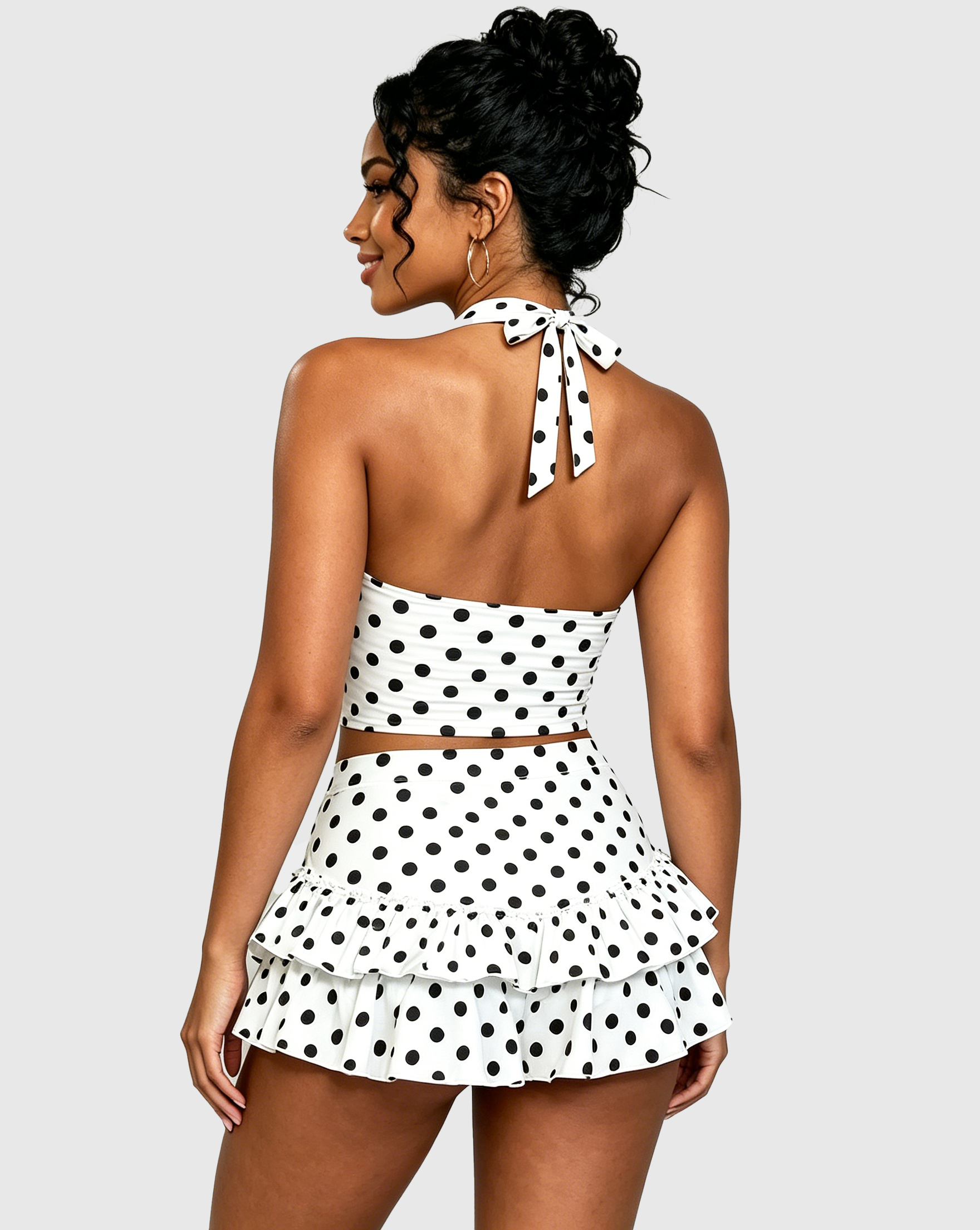 Polka Dot Top and Frill Detail Shorts Two-piece Set  - By Qivii