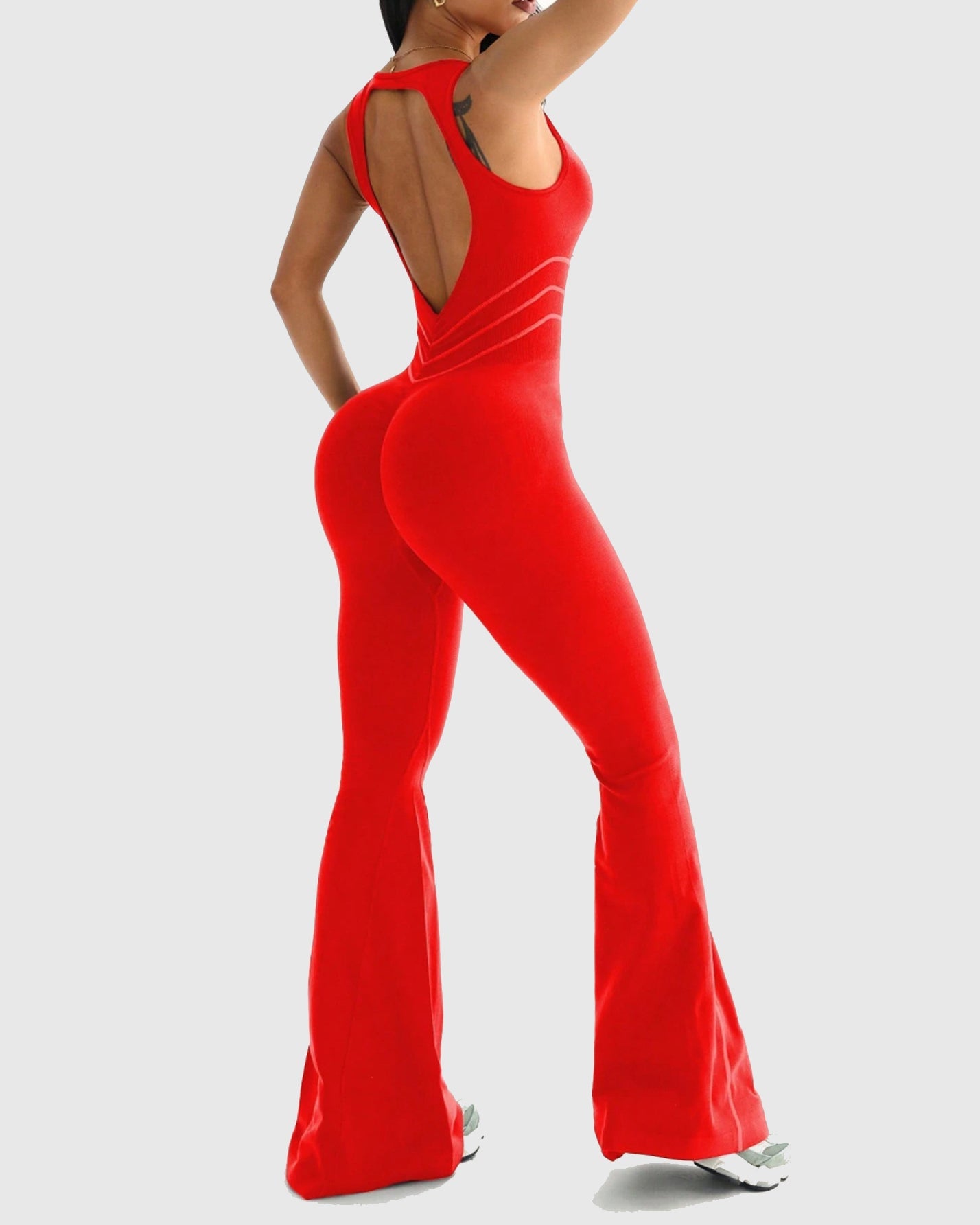Front Zipper  Cutout Back Sleeveless Flare Leg Slim-fit Jumpsuit  - By Qivii