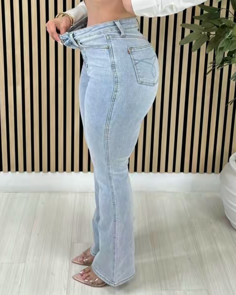 Stylish Washed High Rise Tummy Control Flared Jeans  - By Qivii