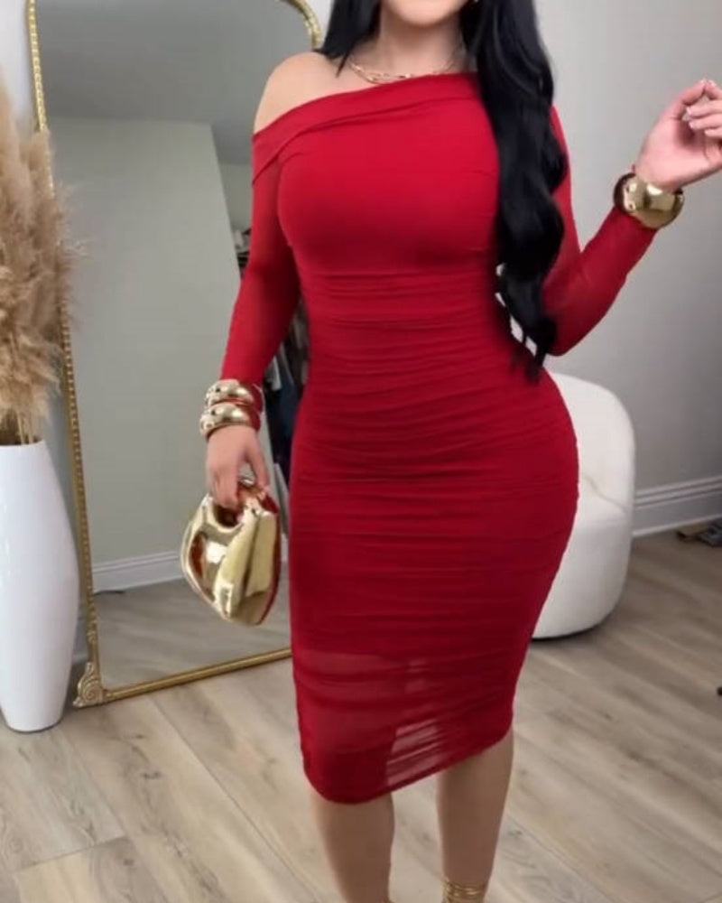 Elegant Slant Collar Long Sleeve Mesh Bodycon Midi Dress  - By Qivii