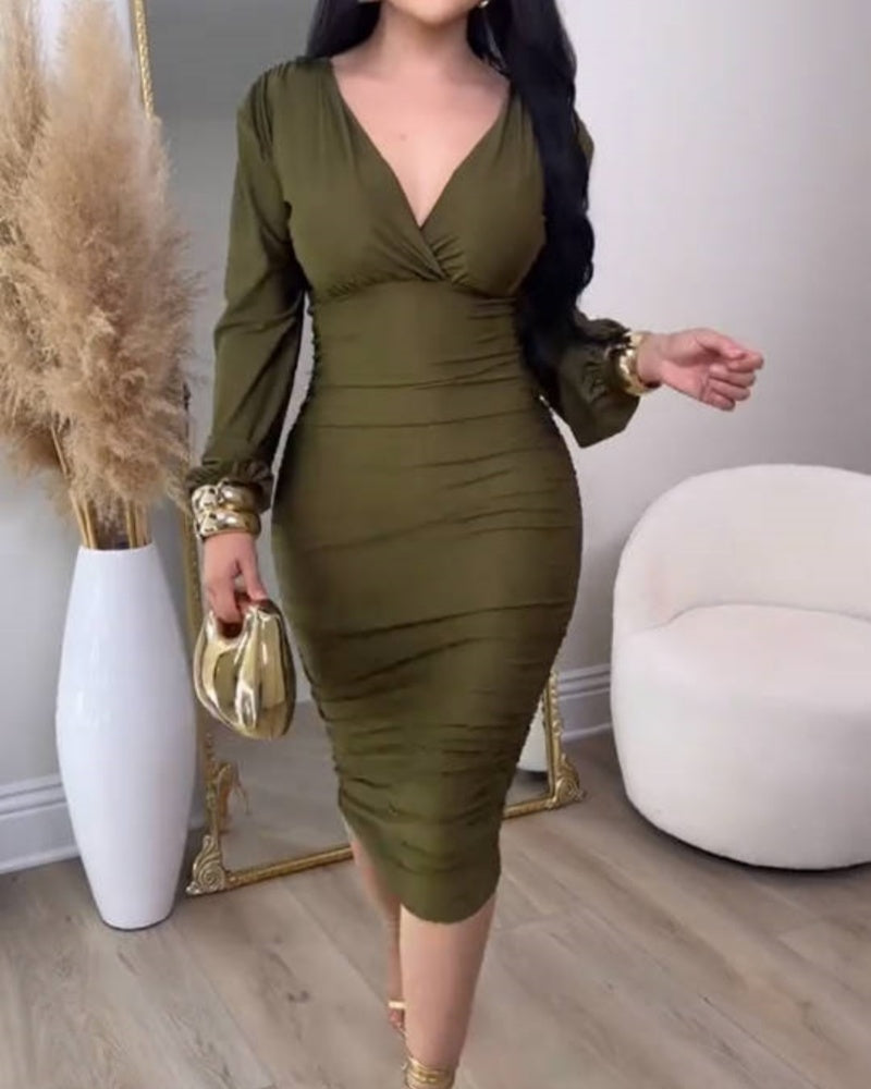 Deep V Neck Long Sleeves Ruched Bodycon Midi Dress  - By Qivii