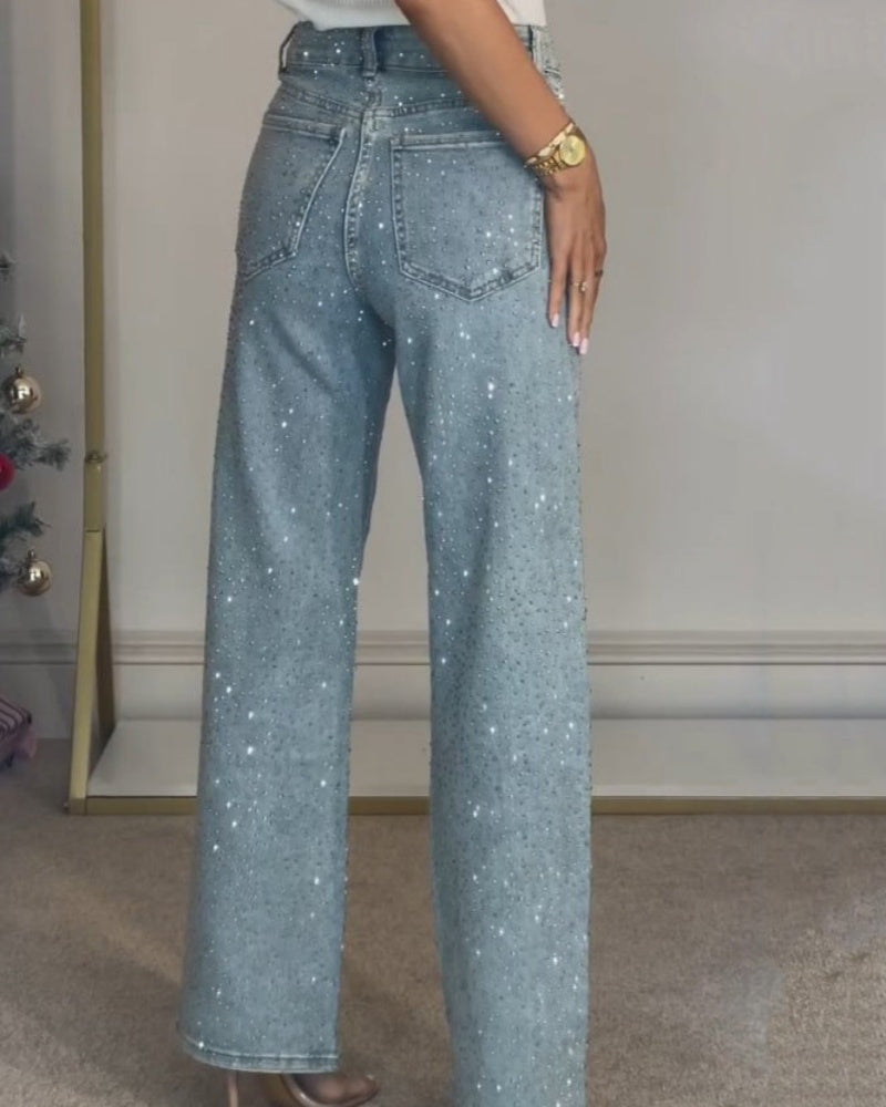 Women's Fashion Rhinestone Embellished Straight Leg Denim Jeans  - By Qivii
