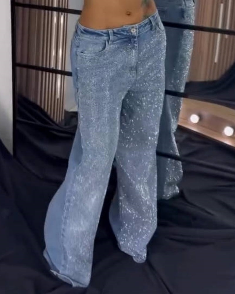 Shapshe® Women's Fashion Versatile Wide Leg Jeans with Rhinestone  - By Qivii