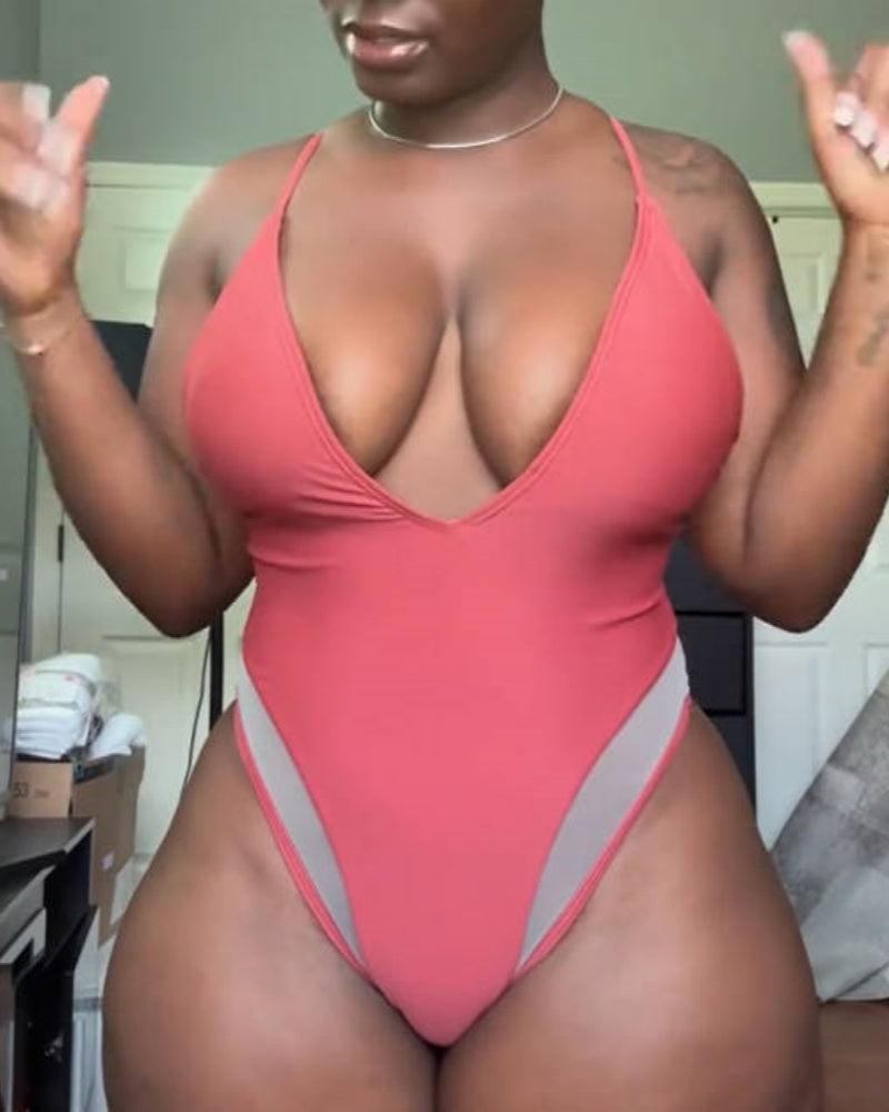 Sexy Mesh Splicing Spaghetti Strap Deep V Neck Shapewear Swimsuit  - By Qivii