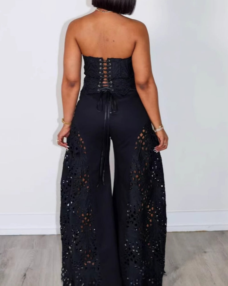 Elegant Strapless Floral Eyelet Cutout Top & Wide Leg Pants Set  - By Qivii