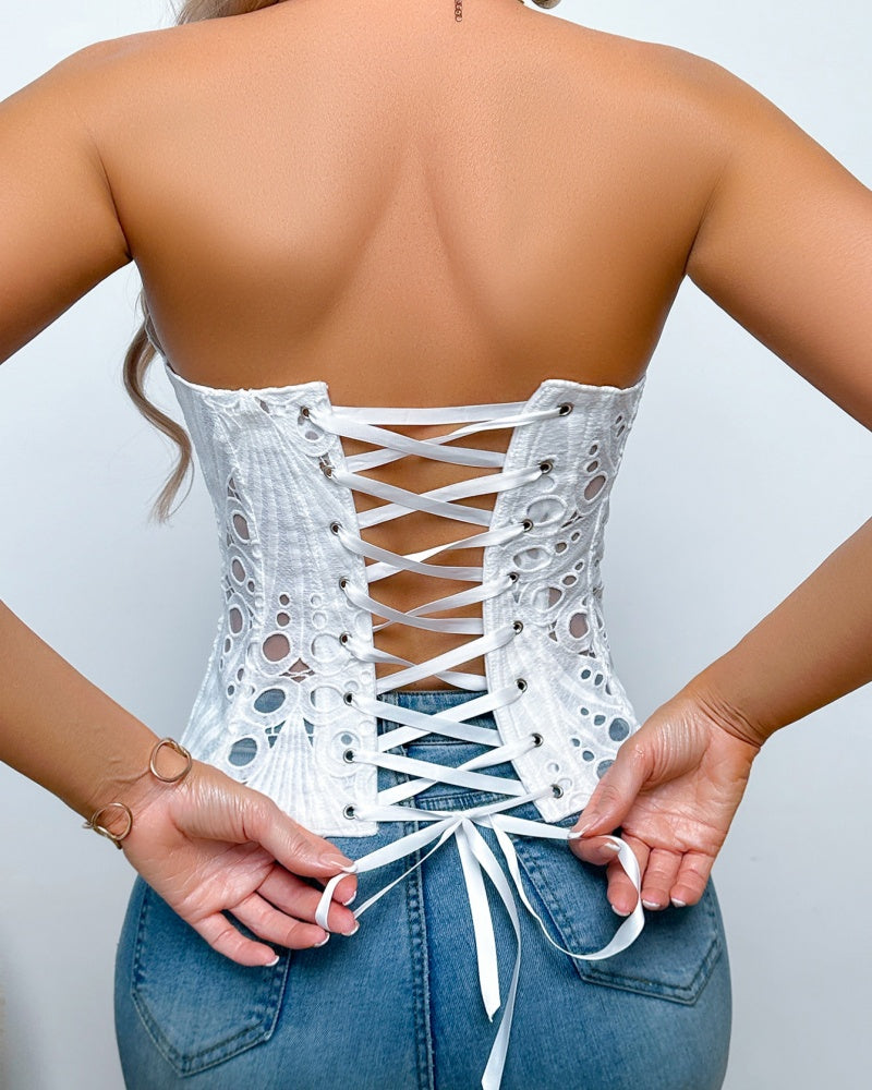 Sexy Mesh Cut Out Lace Double Layer Tummy Control Corset with Back Tie