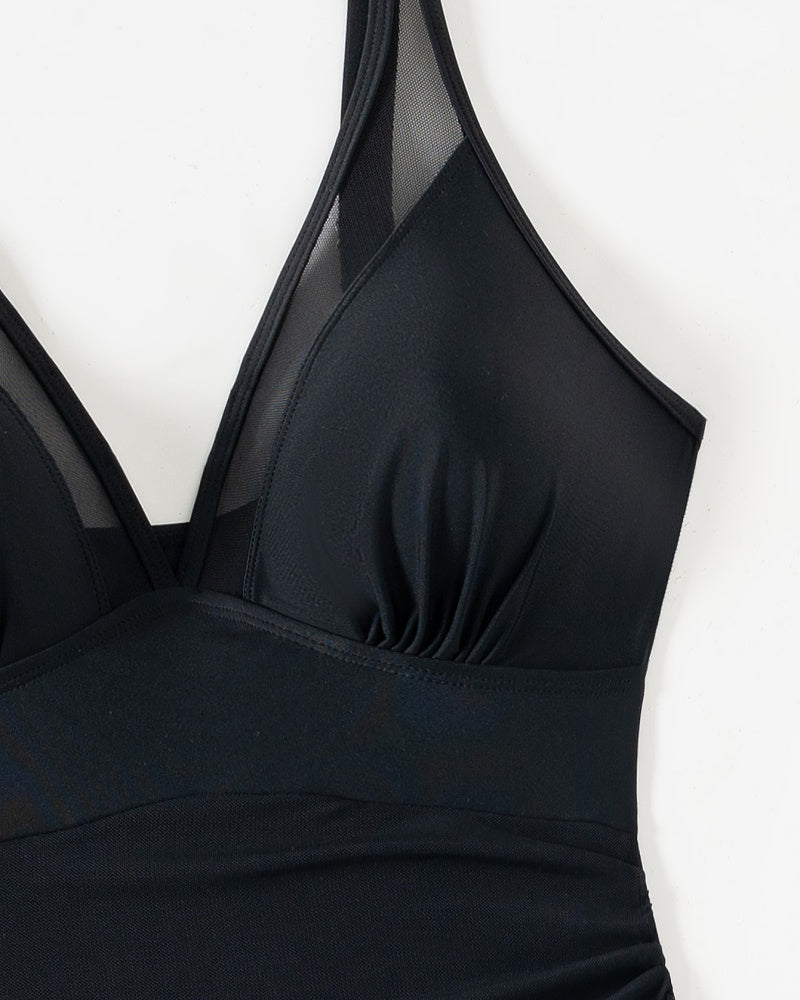 Deep V Mesh Drawstring Slim Sexy Backless Shapewear Swimsuit  - By Qivii