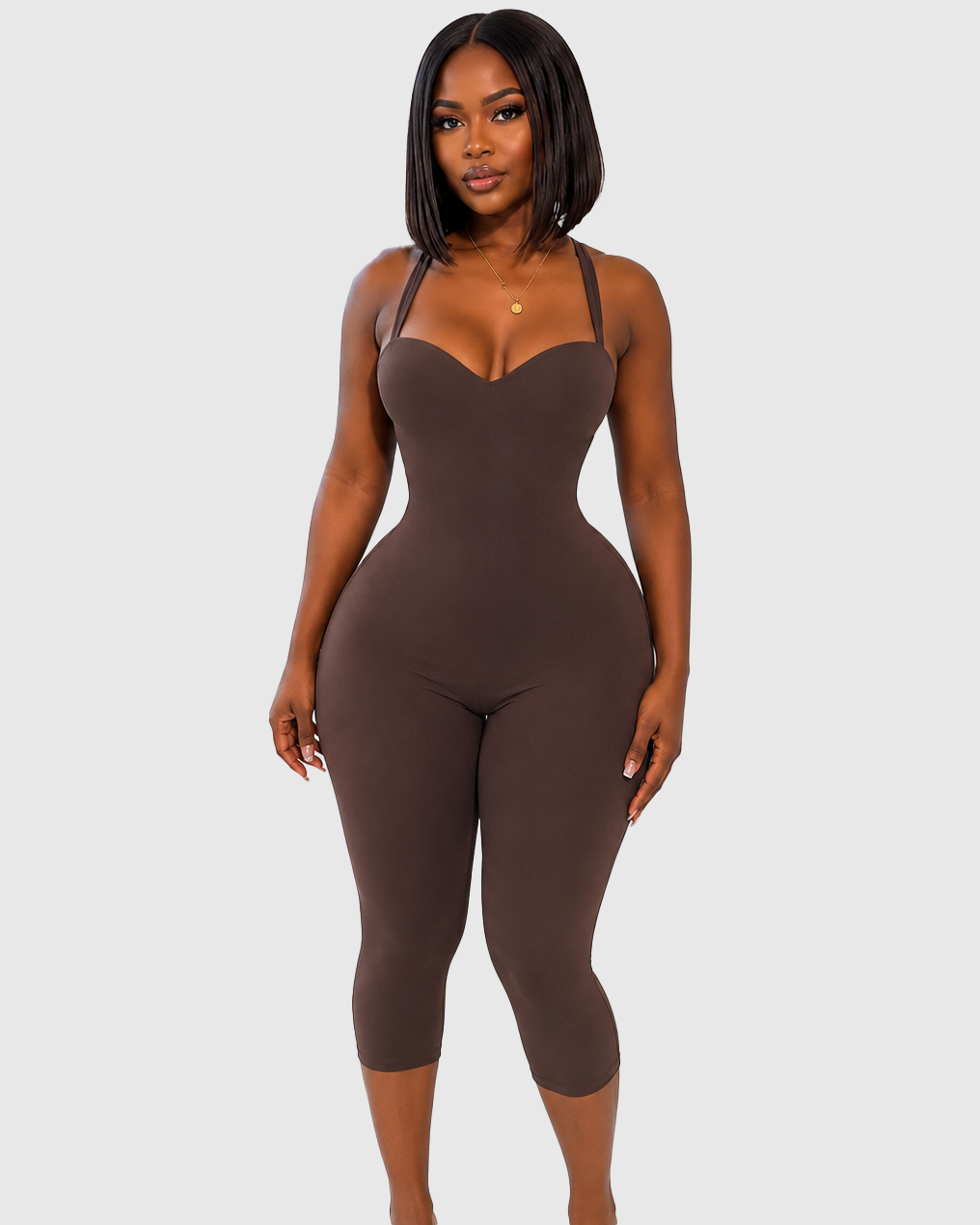 Halter Strap Sweetheart Neck Capri Sculpting Jumpsuit  - By Qivii