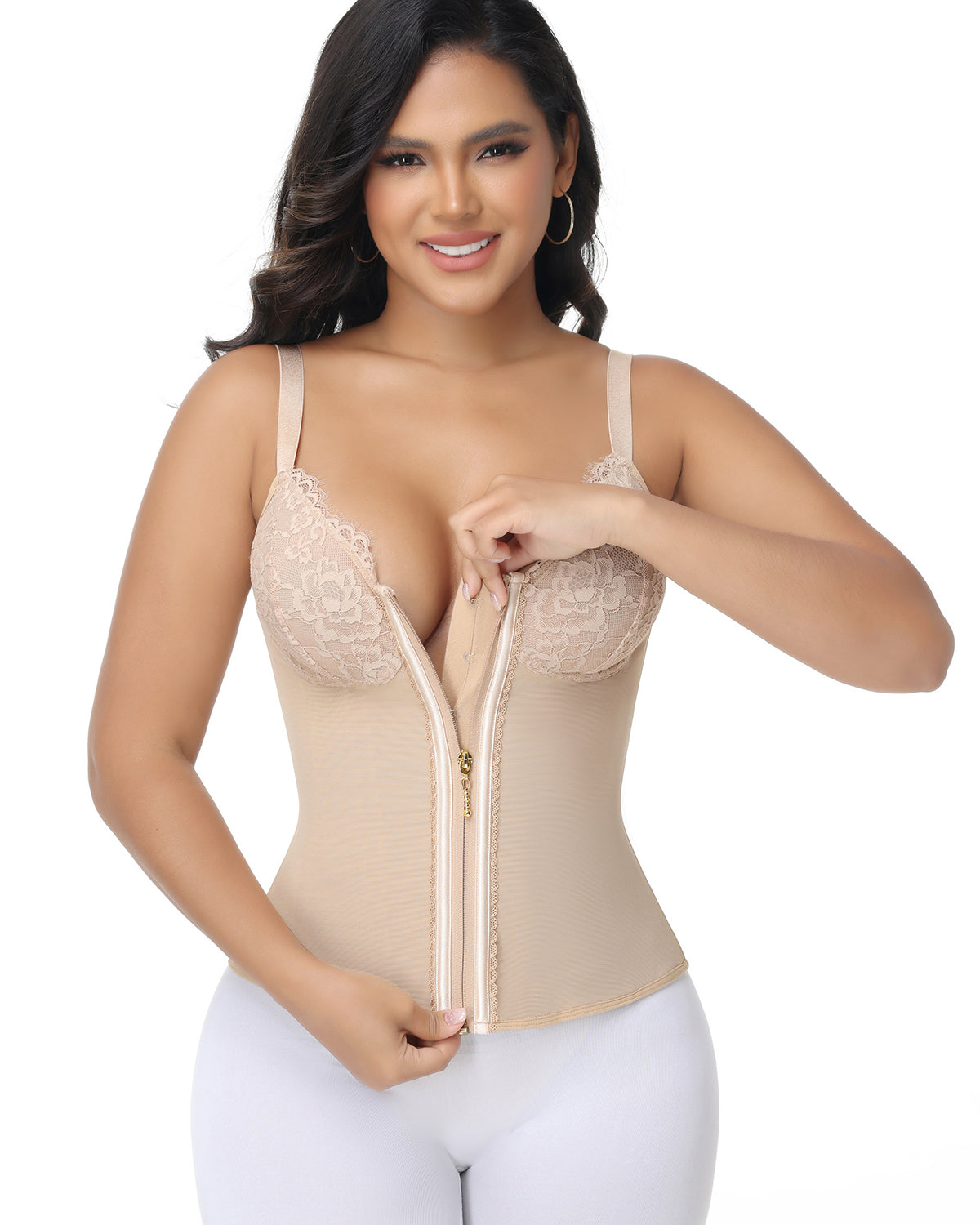 Shapshe® Deep V Lace Corset Top Trimmed Waist Trainer with Front Zipper