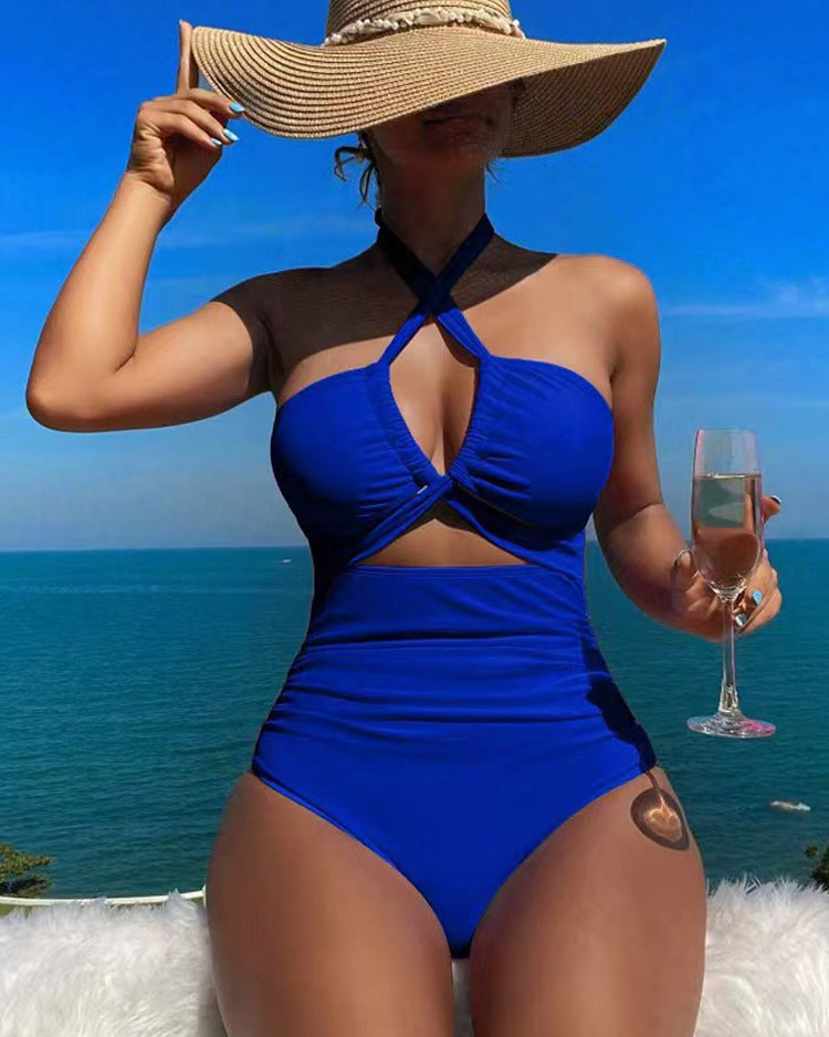Cross Halter Ruched Front Cutout Backless One Piece Swimsuit  - By Qivii