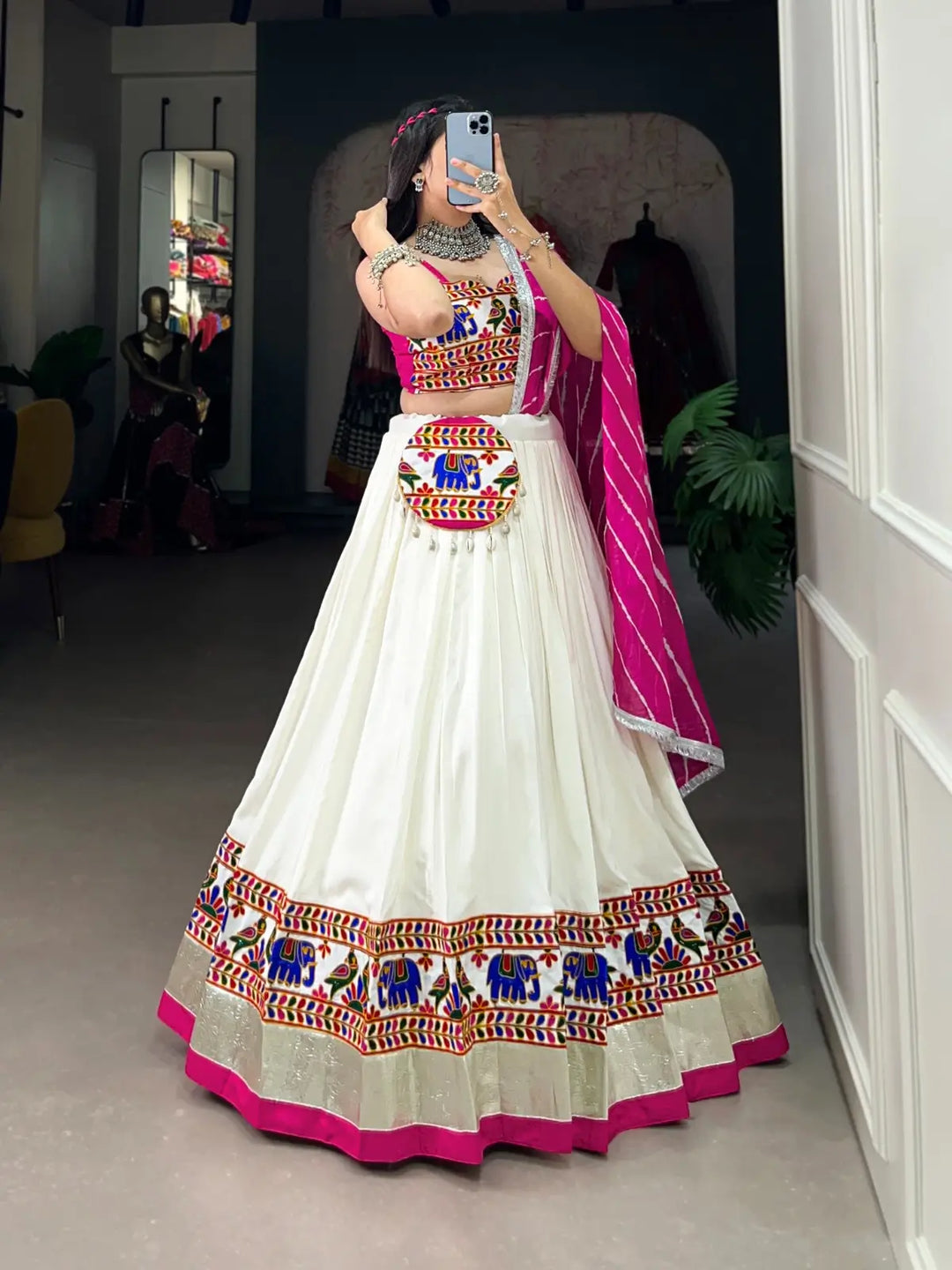 White Elegant Gamthi Work Lehenga and Leheriya Dupatta for Navratri