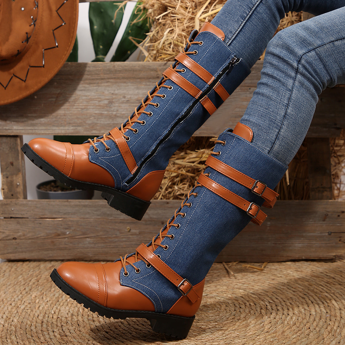 Women's Rogue Riding Boots - PU & Denim Lace-Up Combat Boots (US 5-10.5)