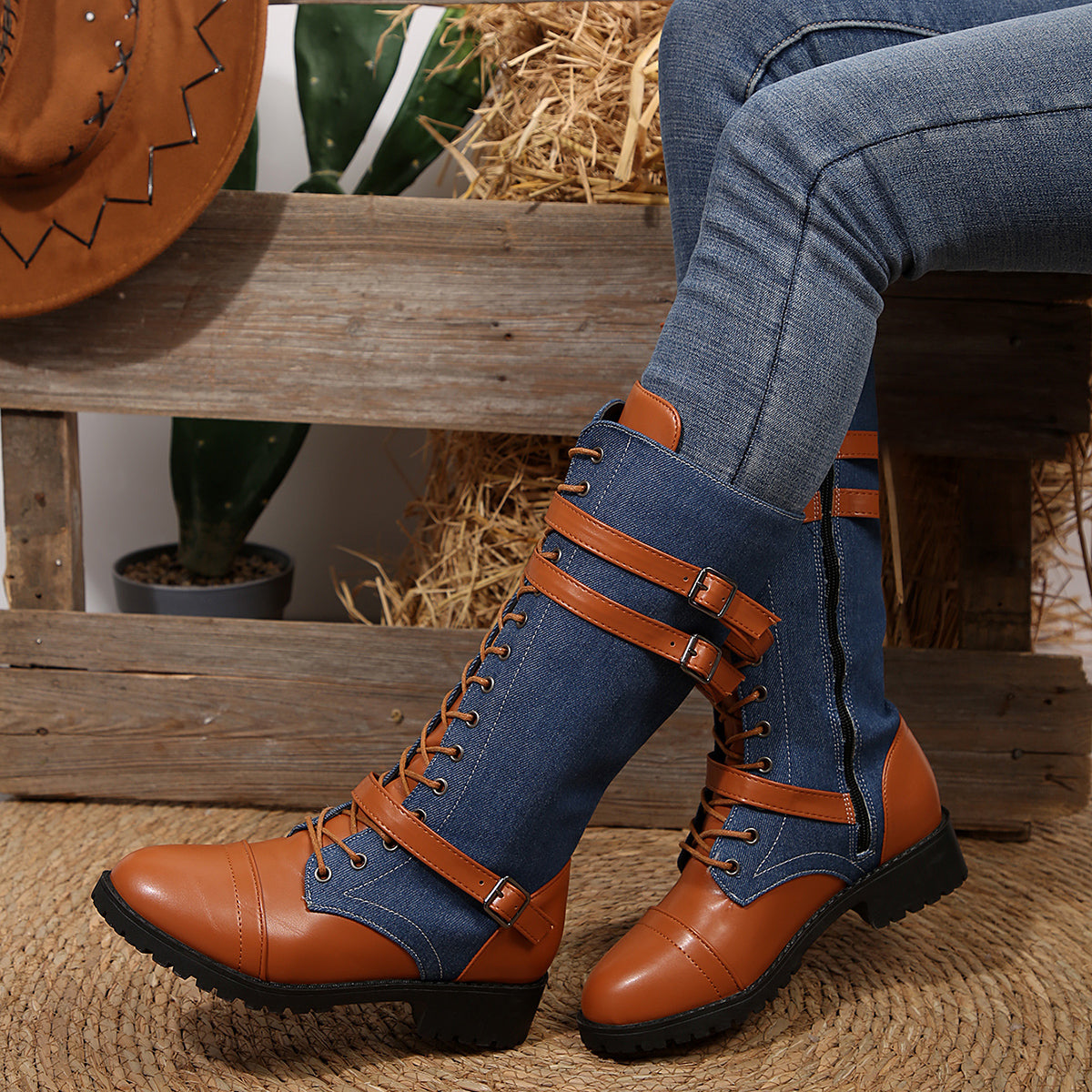 Women's Rogue Riding Boots - PU & Denim Lace-Up Combat Boots (US 5-10.5)
