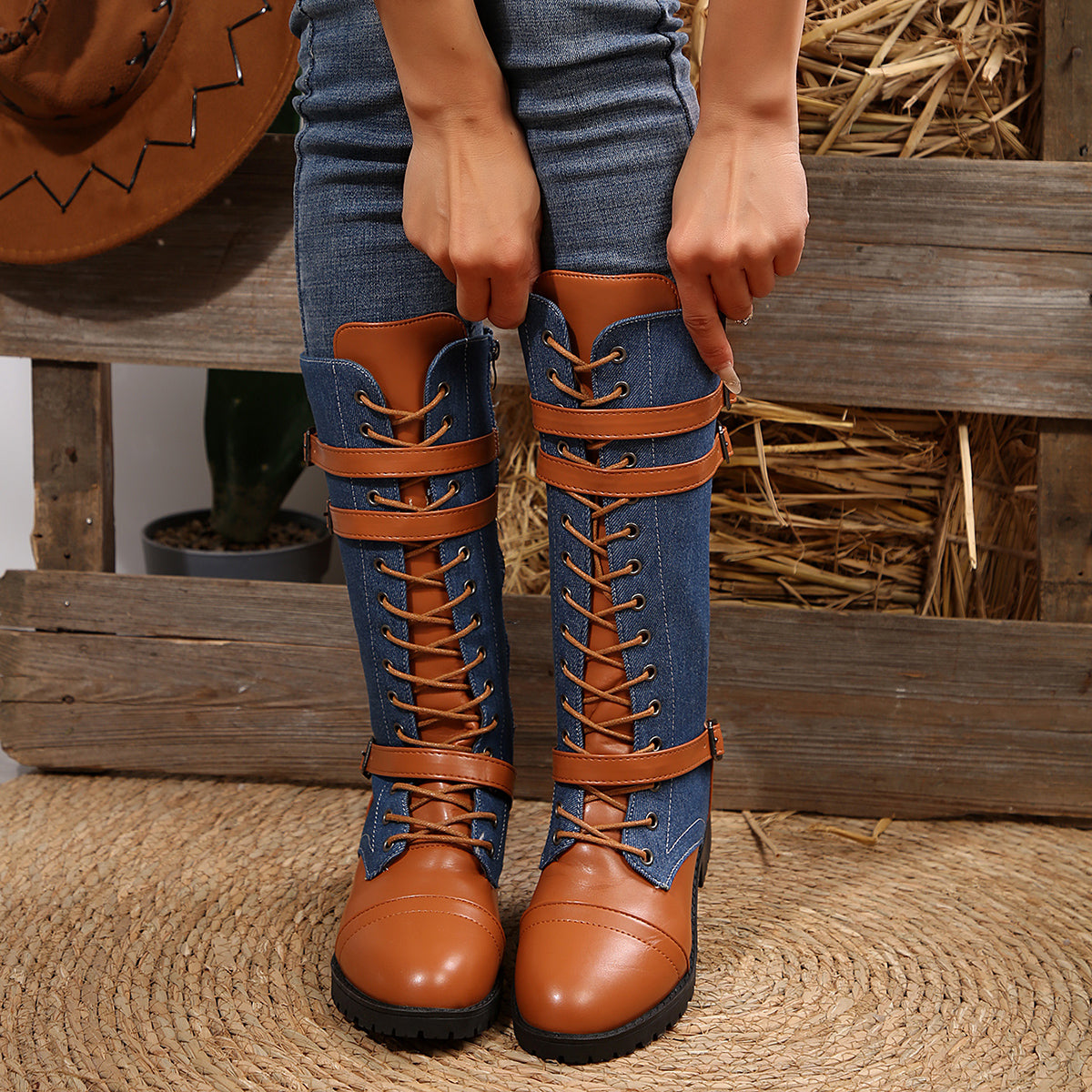 Women's Rogue Riding Boots - PU & Denim Lace-Up Combat Boots (US 5-10.5)